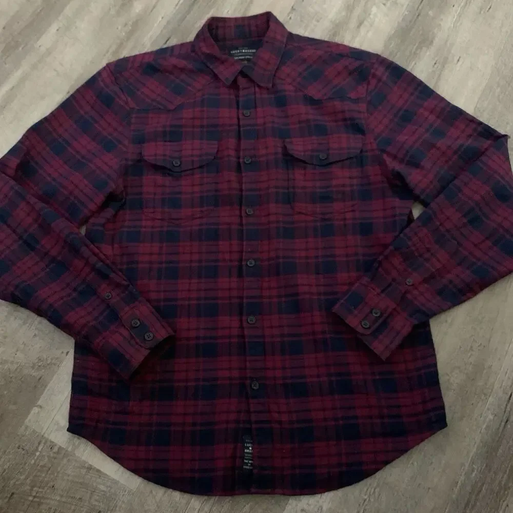 LUCKY Brand Saturday Stretch Shirt Mens Medium Plaid Classic Long Sleeve Pockets